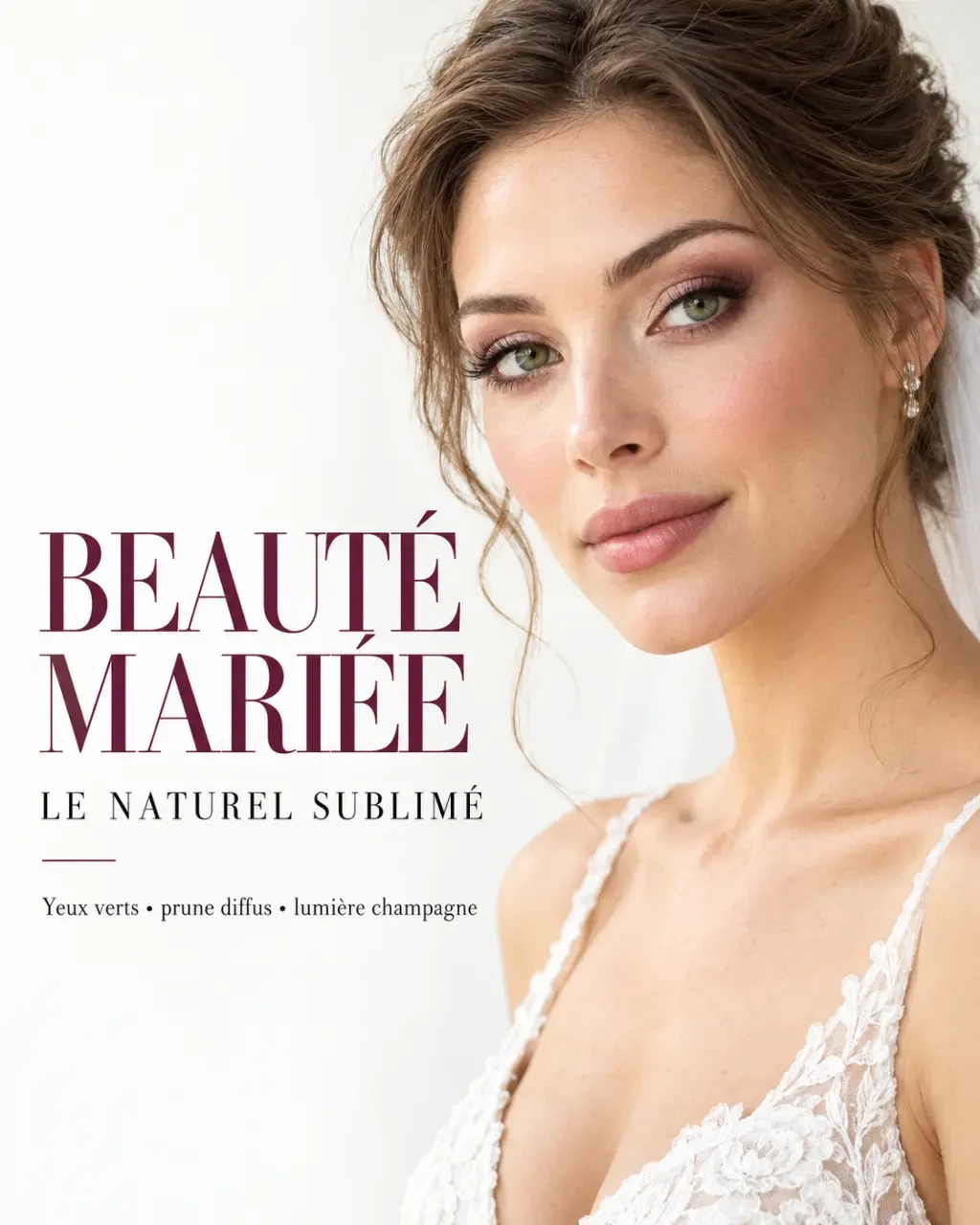 Maquillage mariage naturel yeux vert avec fard prune estompé et mascara brun