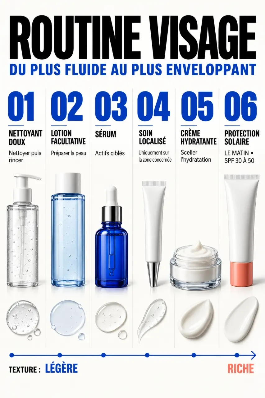 Routine soin visage : ordre d’application du nettoyant à la protection solaire
