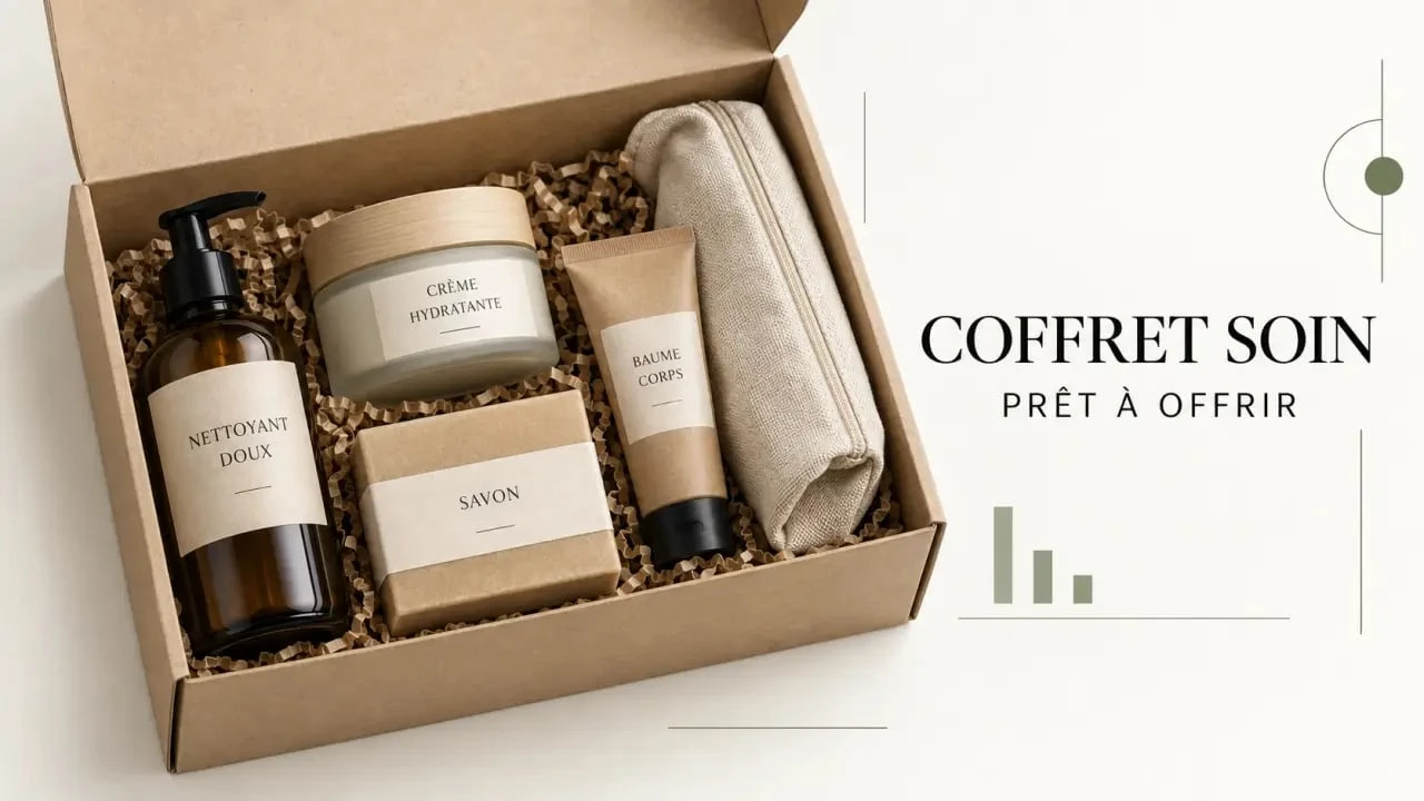 Coffret cosmétique bio avec soins visage et corps dans un emballage recyclable