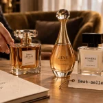 Les meilleurs parfums femmes : flacons best-sellers sur table bois clair