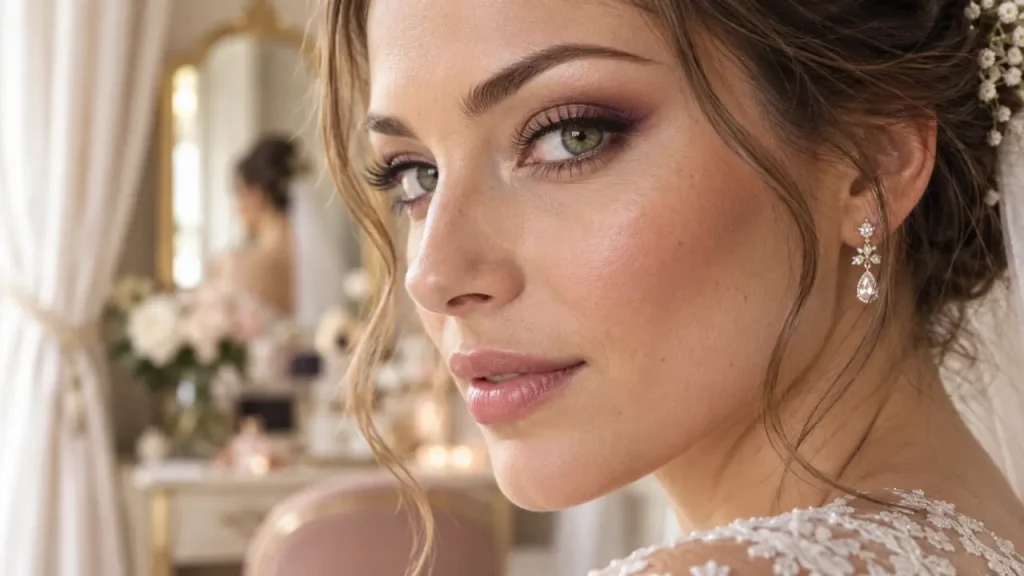 Maquillage de mariage naturel pour yeux verts : du prune discret aux cils bruns