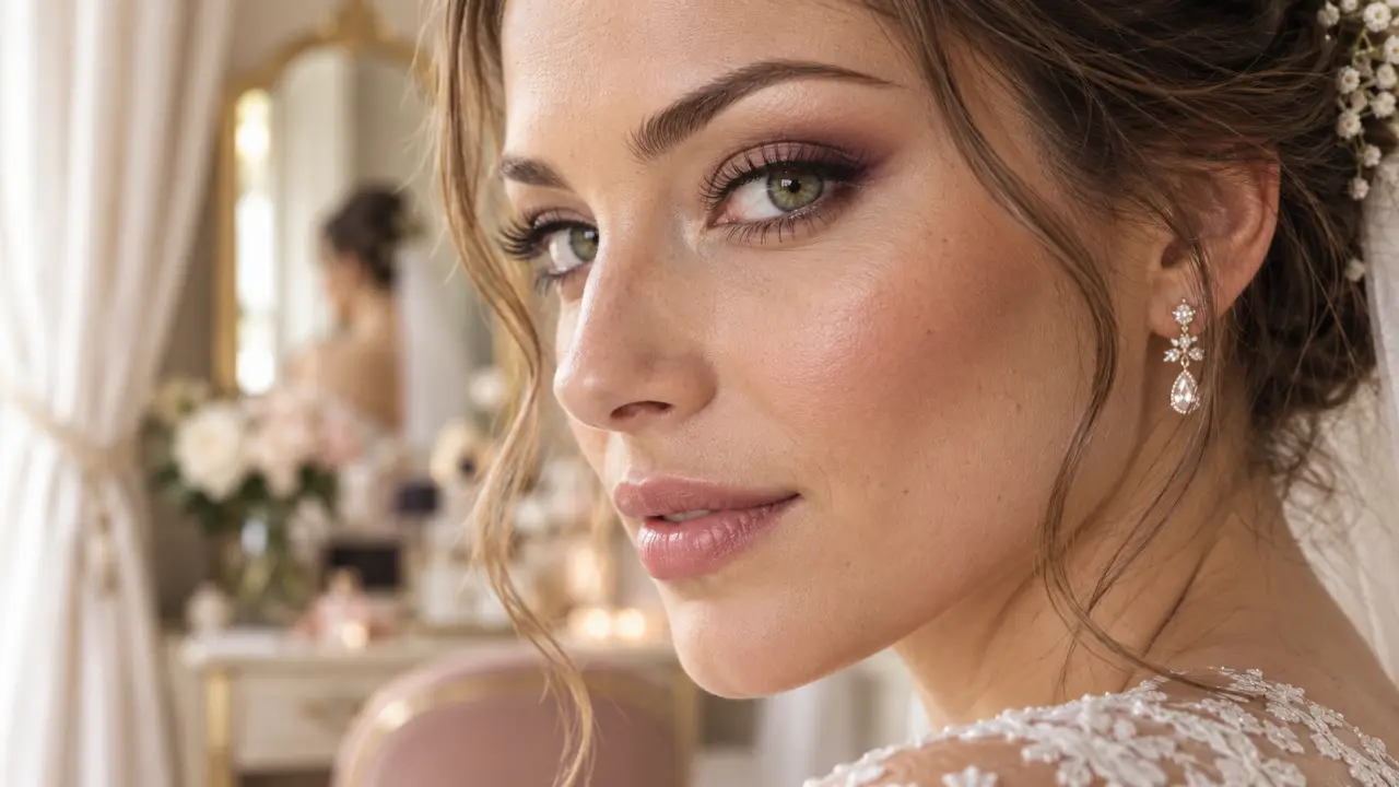 Maquillage mariage naturel yeux vert : prune taupe beige, cils bruns