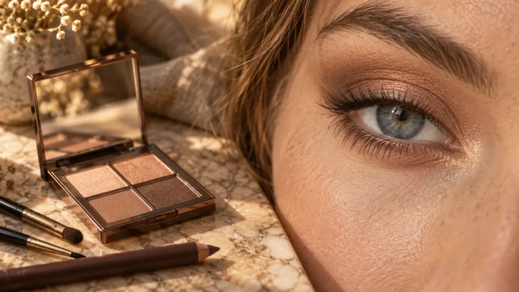 Maquillage naturel pour yeux bleus : le contraste chaud qui illumine l’iris sans durcir le regard