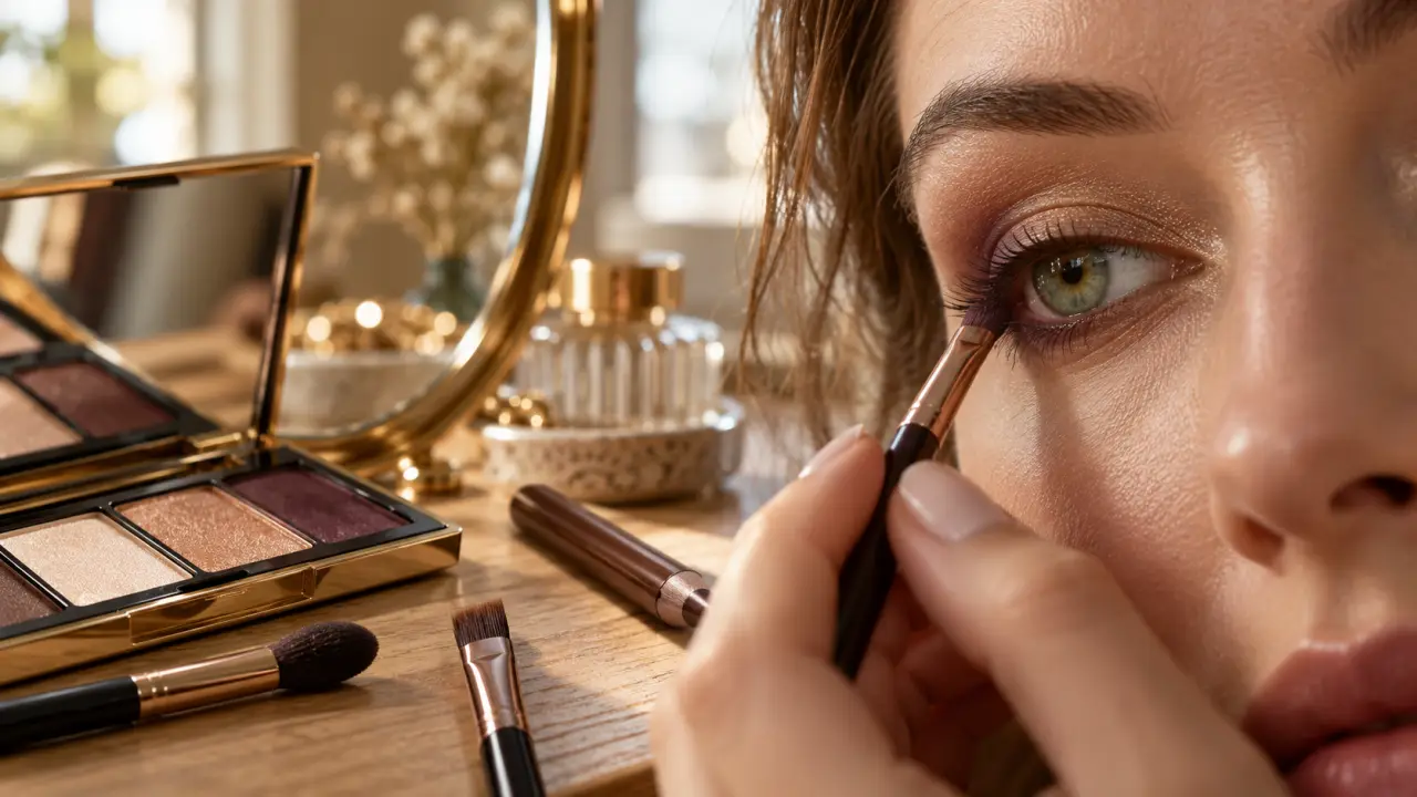 Maquillage des yeux verts naturel : palette beige, fard prune et trait brun