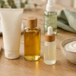Soin visage bio : routine naturelle sur table bois clair