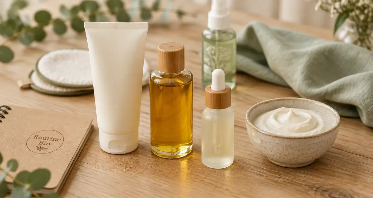 Soin visage bio : routine naturelle sur table bois clair