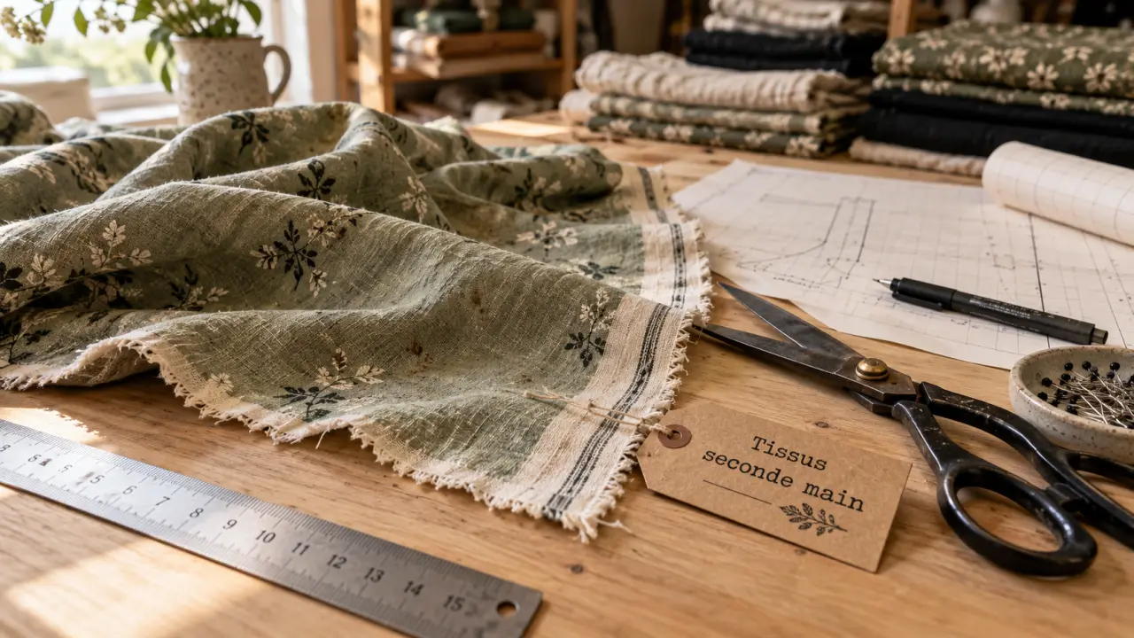 Tissus seconde main : coupon et outils de couture sur table